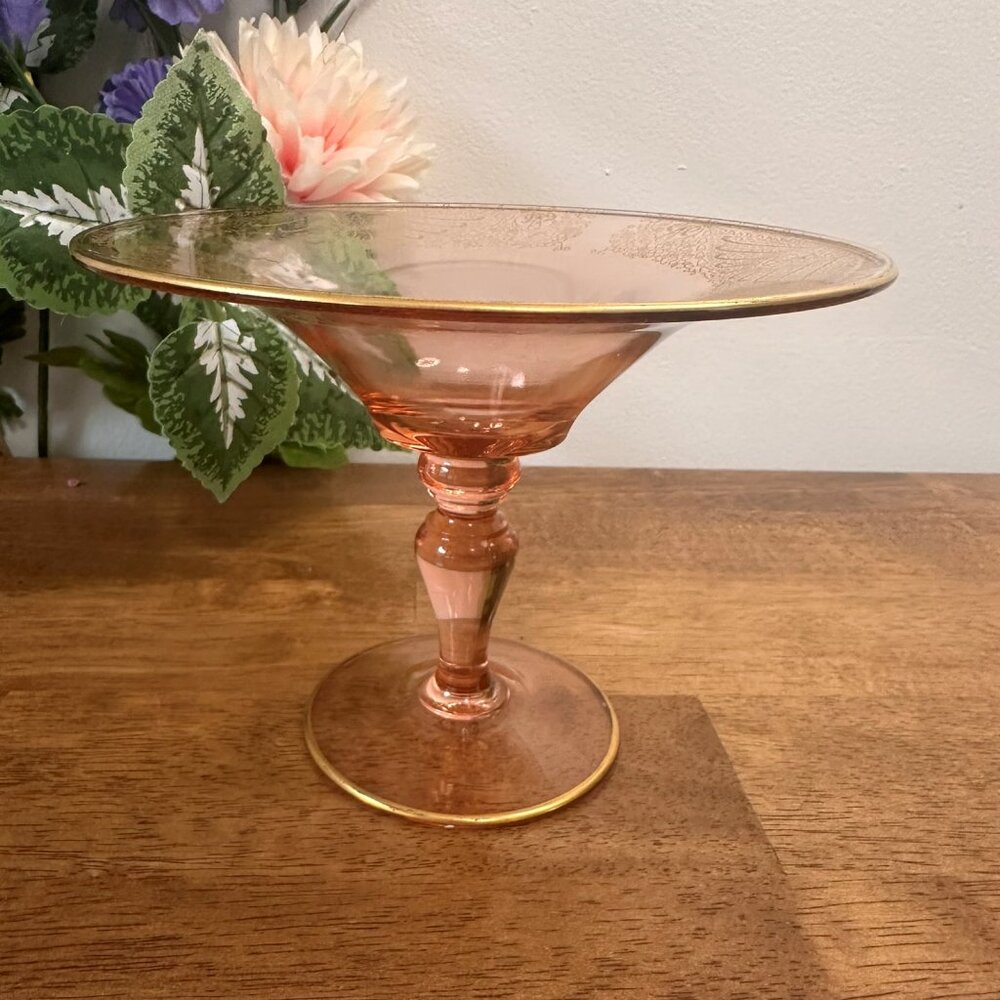 Vintage Pink Depression Glass Compote Gold Etched Pedestal Dish Elegant 1930s‎